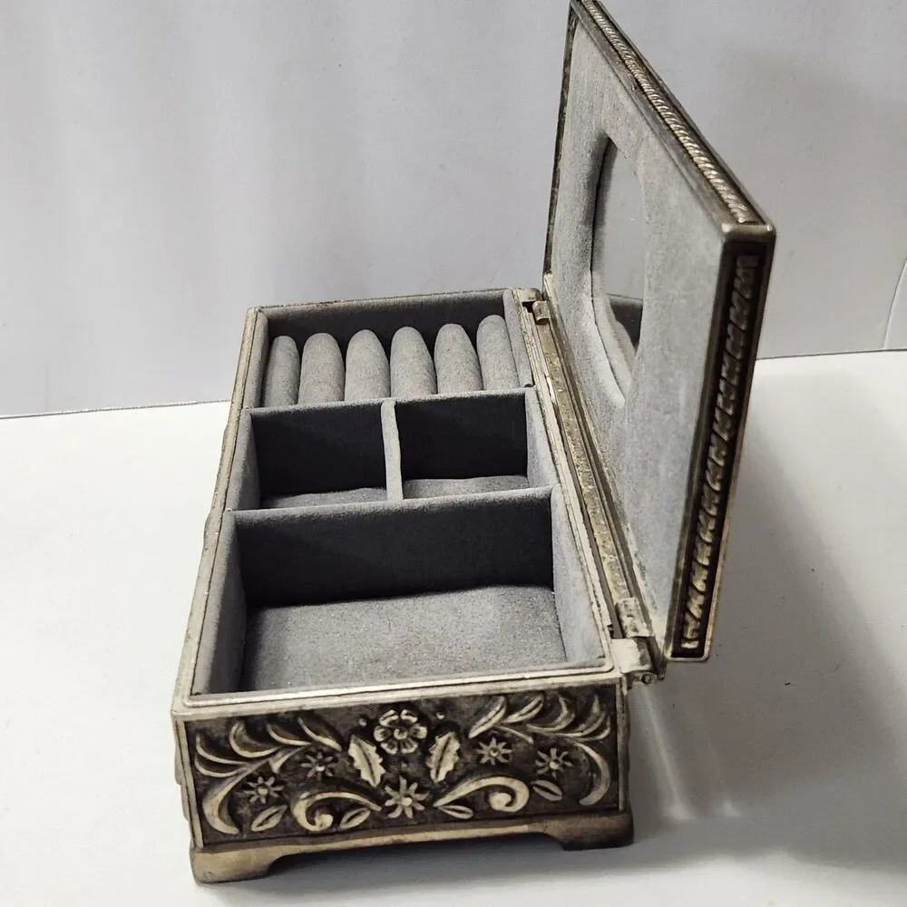 Godinger Vintage 1992 Silver Plate Ornate Rectangle Jewelry  Hinged Box Velvet